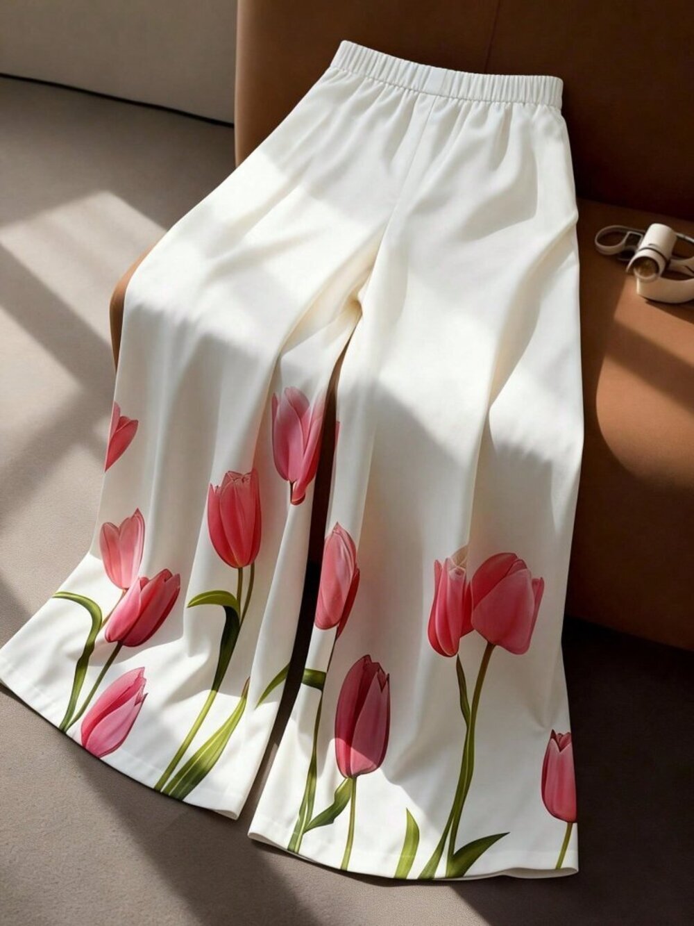 Multicolor Elegant Women's Elastic Waist Plus Size Floral Wide Leg Pants - Picture 3 of 3